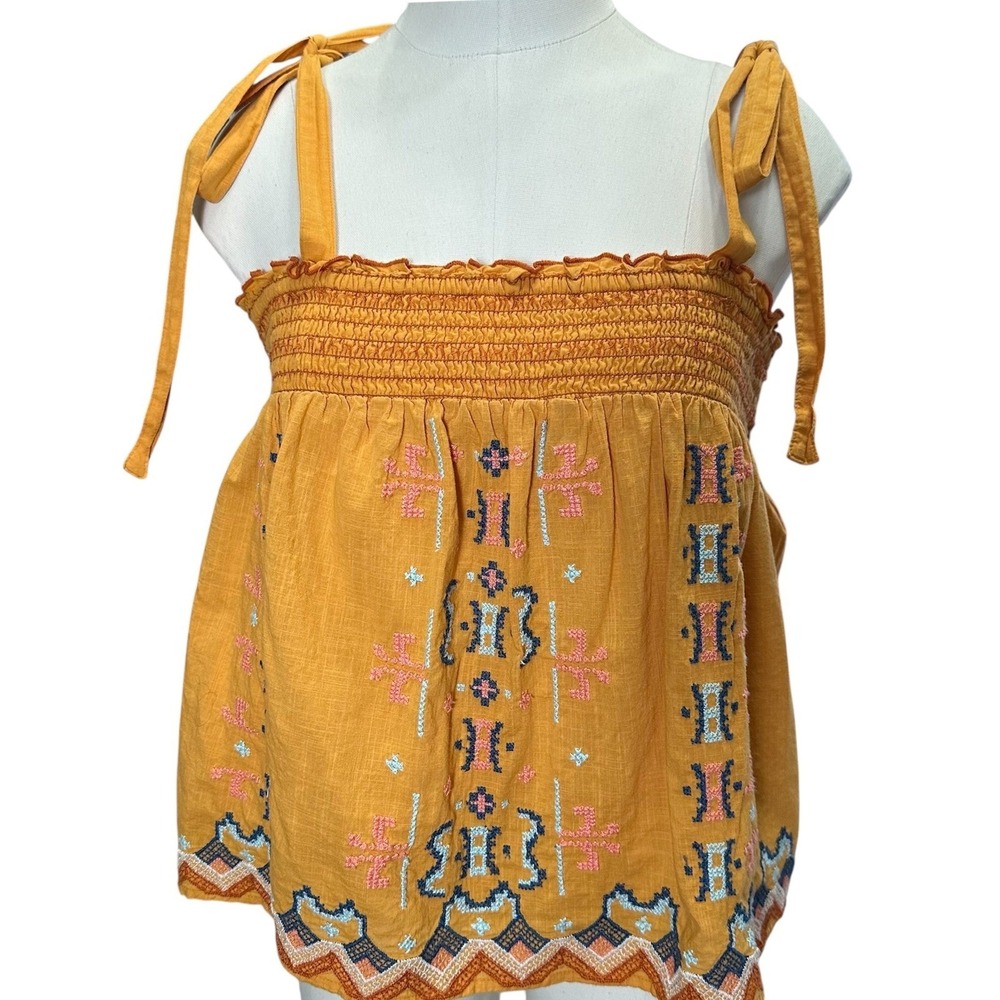 Anthropologie Embroidered Smocked Top Women XS Marigold Yellow Boho Tie Strap